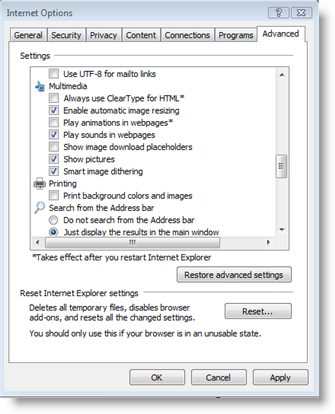 Advanced Tab from the Internet Options dialog box